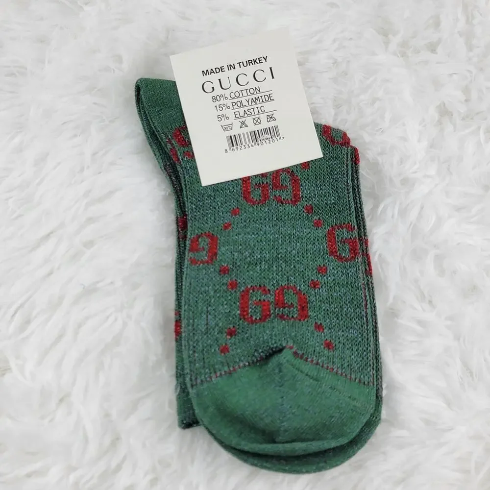 Gucci Crew Socks Unisex GG Logo Metallic 100% Authentic Green Red Luxury New